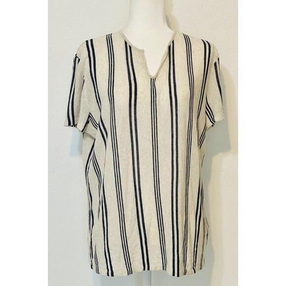 ZARA Women Size L  Stripe Short Sleeve Linen Blend Top Lagenlook Italian Fabric - Picture 1 of 11